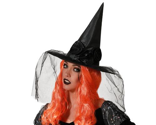 CAPPELLO STREGA NERO CON ROSE E VELO