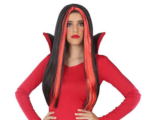 PARRUCCA LUNGA NERA CON STRISCE ROSSE 60CM