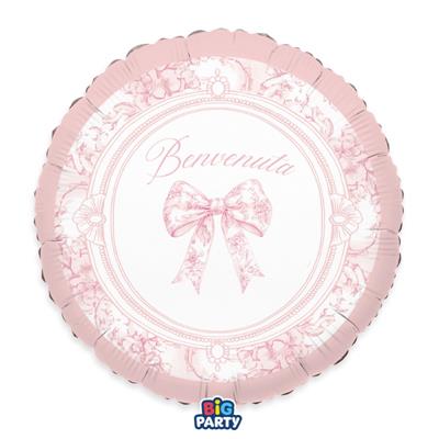 PALLONCINO IN MYLAR TONDO BENVENUTA FIOCCO VINTAGE 45CM